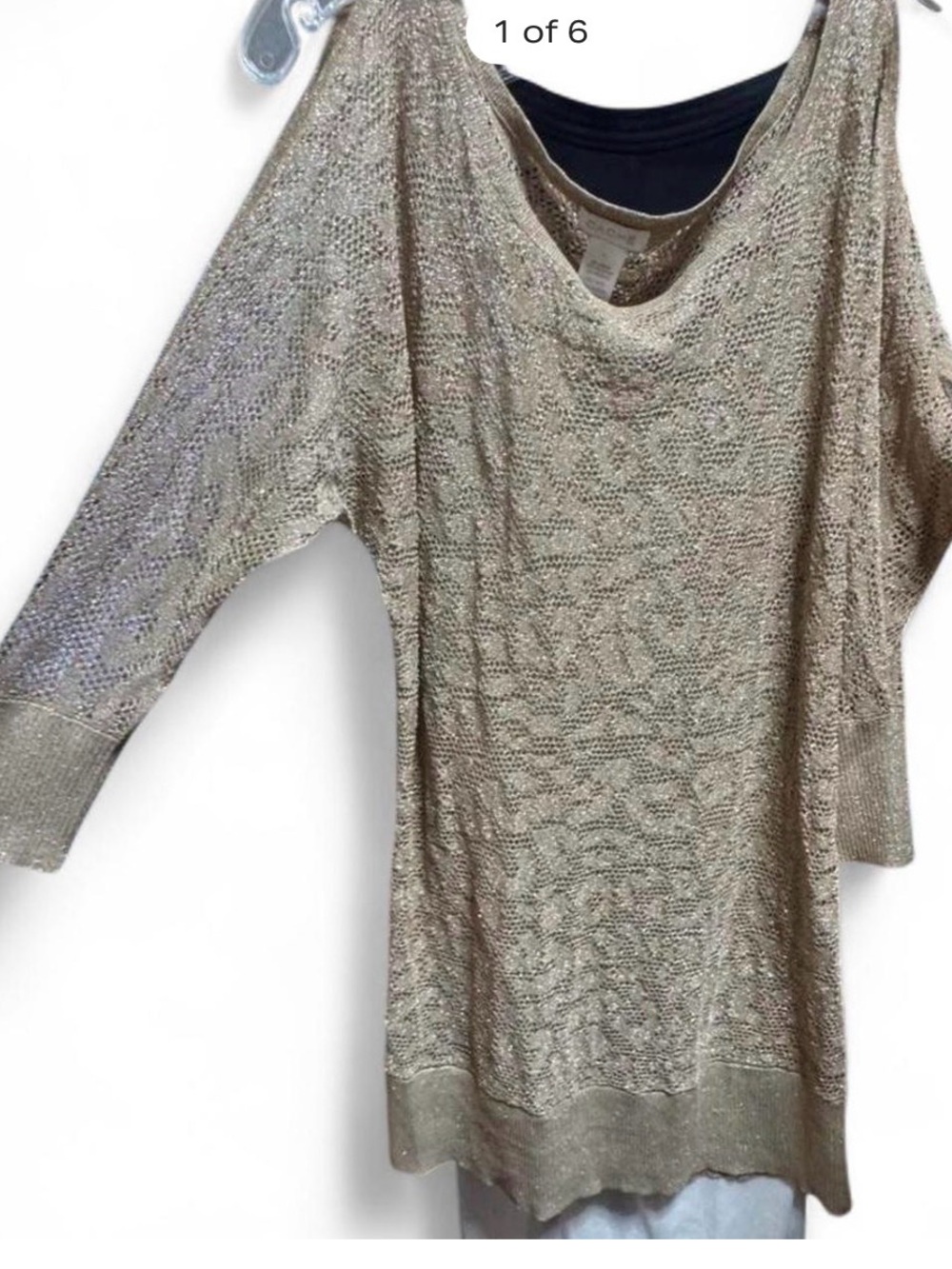 Vintage Cache Gold Metallic Cold Shoulder Open Knit Blouse Sz Large